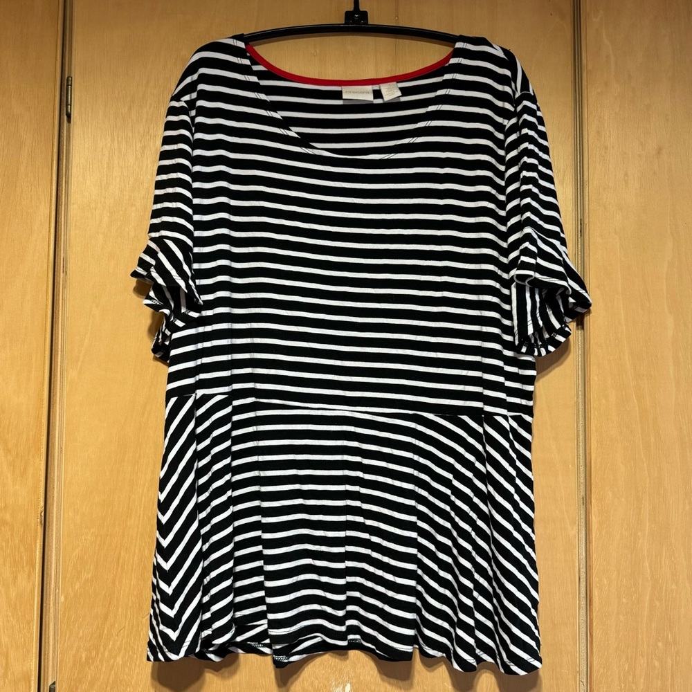 Chico’s Black and White Striped Peplum Blouse.